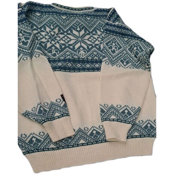 Vintage Dale of Norway Wool Sweater Nordic Snowflake Knit Pullover Cream Blue - Picture 9 of 10